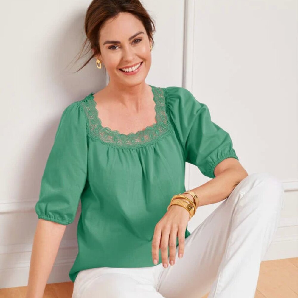 Talbots Green Lace Trim Square Neck Blouse